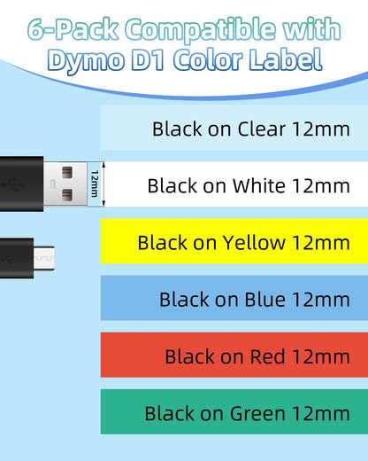 MarkField 6x Cintas de Etiquetas Compatible con Dymo D1 45010 45013 45016 45017 45018 45019 12mm para LabelManager 160 280 400 420P PnP LabelWriter 450 Duo LabelPoint 150 250