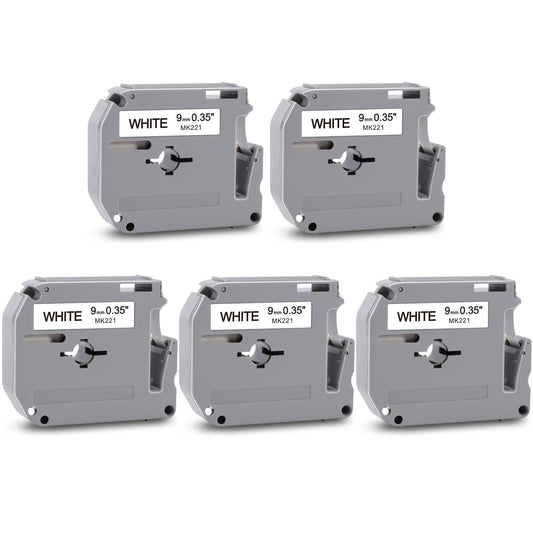 5x MarkField MK-221 M-K221 Cassette d'étiquette Compatible pour Brother PTouch MK221 MK221S Ruban pour Étiqueteuse PT-BB4 PT-55 PT-60 PT-65 PT-75 PT-80 PT-85 PT-100 PT-110, 9mm x 8m, Noir sur Blanc