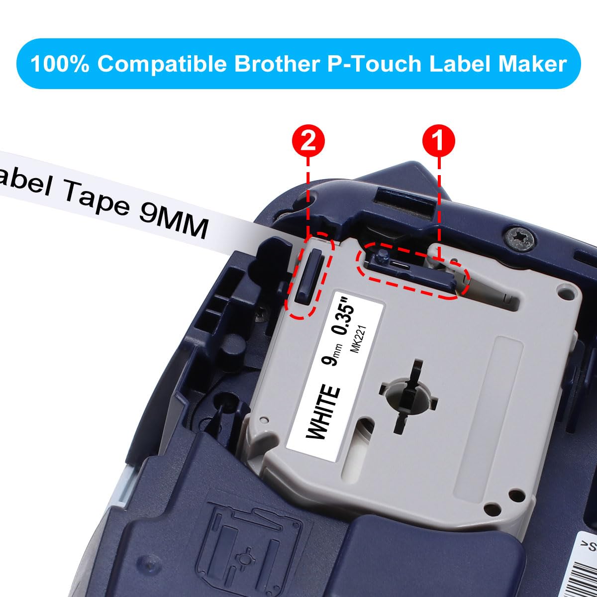 MarkField M K221 MK221s Rubans Compatible pour Brother MK221 PTouch Ruban 9mm x 8m Etiquette Cassette pour PT-BB4 PT-55 PT-60 PT-65 PT-70BM PT-75 PT-80 PT-85 PT-100 PT-110, Noir sur Blanc