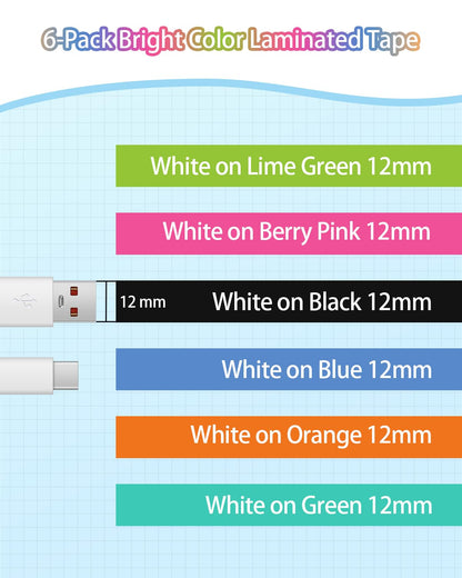 MarkField 6x Compatible Ruban Remplacement pour Brother P-Touch TZ TZe 12mm x 8m 0,47 laminés étiquette pour PT-H105 H101C H110 H200 H100LB/R 1000 1010 1080 D200 D400 E100 P300BT Cube