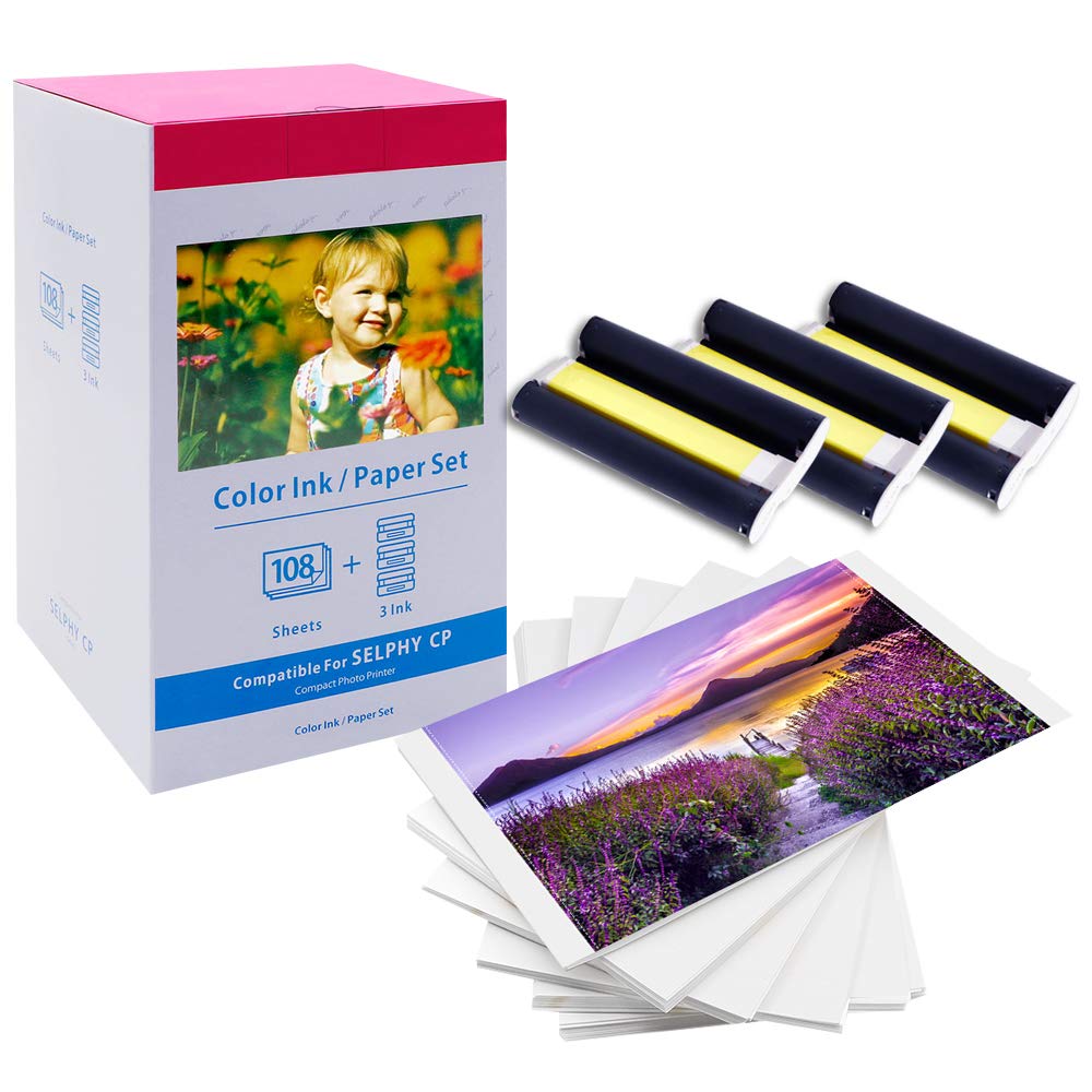 Rechange Canon Selphy CP1300 CP1500 Papier Photo KP-108IN 3115B001(AA) Cartouche et Papier, Compatible avec Selphy CP CP1500 CP1300 CP1200 CP910, 3 Cartouche d'encre 108 Papiers (100 x 148mm)