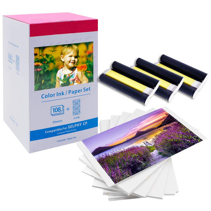 Ricambio Carta fotografica (108 pezzi) 3115B001(AA) KP-108IN, Compatibile con Canon Selphy CP810 CP910 CP1000 CP1200 CP1300 CP1500, 100 x 148mm, 3 cartucce d'inchiostro