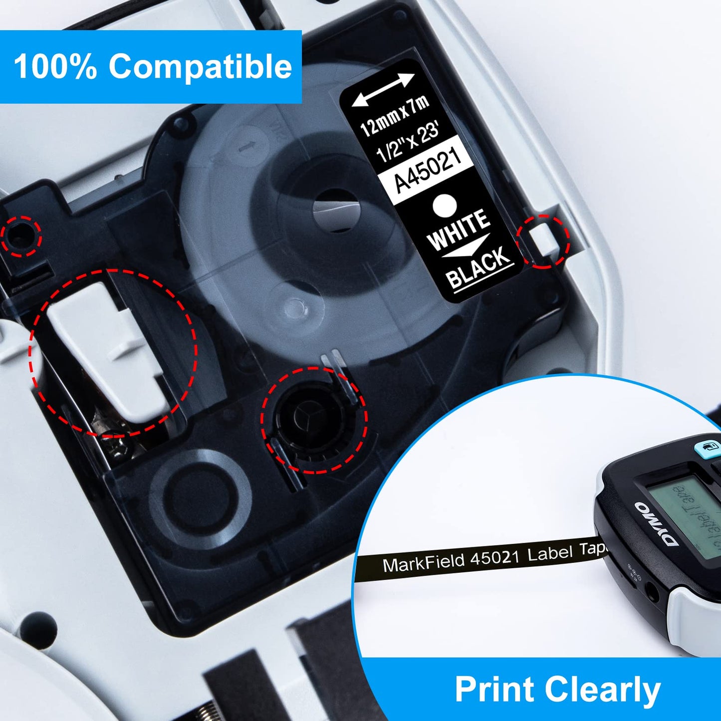 5X Compatible for Dymo D1 Label Tape 45021 S0720610 12mm x 7m, White on Black Self-Adhesive Labels, Compatible for Dymo LabelManager Label Printers 160 210D 260D 280 LabelPoint 200 250