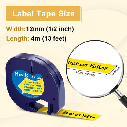 Nastro per Etichette MarkField Compatibile In sostituzione di Dymo LetraTag Plastica 12mm x 4m Nastri Nero su Giallo S0721620 91202 Ricarica Cartucce per Letratag LT-100H LT-100T LT-110T XR