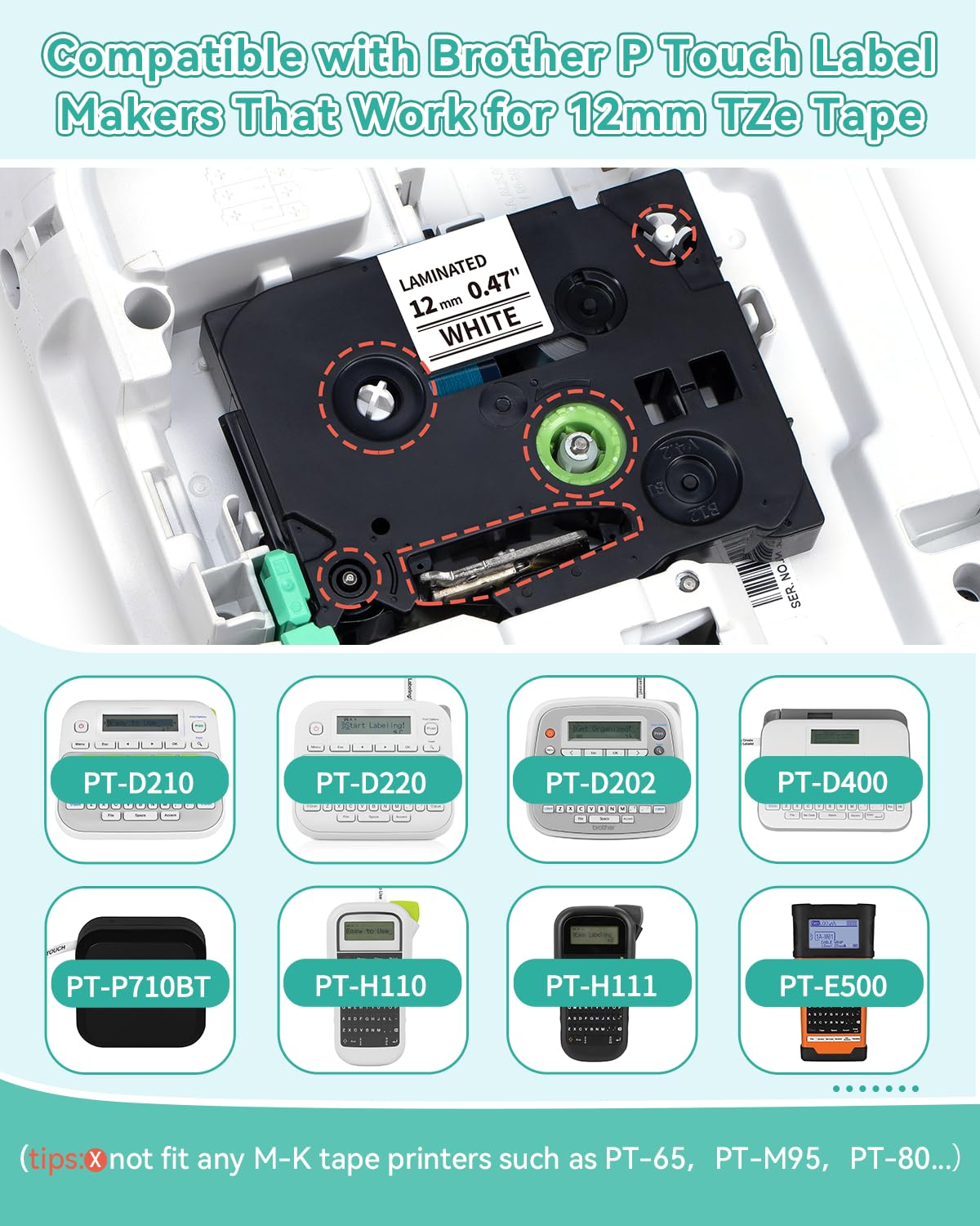 6x MarkField Kompatible Schriftband als Ersatz für Brother P-touch TZe 12mm 0,47 Etikettenband, für PT-1000 1005 PT-D400 PT-H100LB PT-H105 PT-E100 PT-D200 PT-D210, TZ-131 231 431 531 631 731