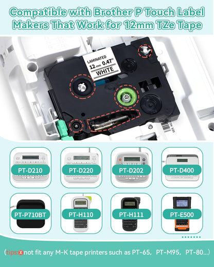 MarkField 6x TZ 12mm Ruban d'étiquettes Compatible avec Brother P-touch TZe Couleur 0,47 Ruban, pour PT-1000 1005 PT-H100LB/R H105 H107 H108 101C PT-E110 D200 D400, TZe-131 231 431 531 631 731