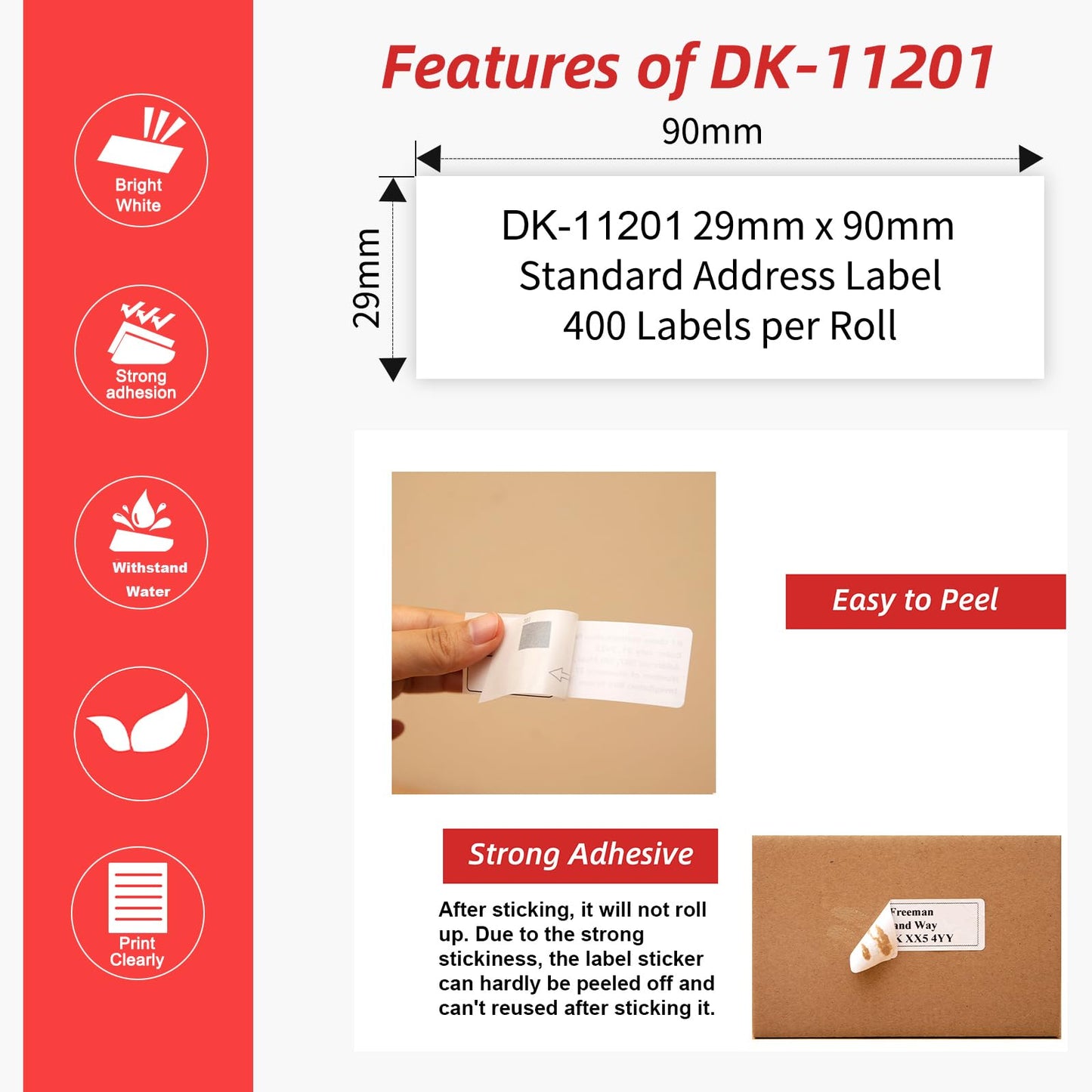 10x MarkField DK-11201 Etikettenrollen 29mm(B) x 90mm(L) Einzeletiketten Adressetiketten Kompatible mit Brother P-Touch QL-500 700 800 810 820NWB 1100, 10 Rollen/4000 Standard Adress-Etiketten