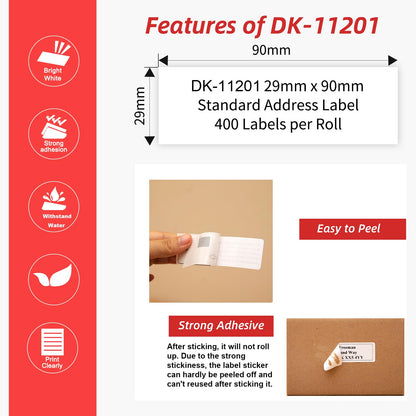 10x MarkField DK-11201 Etikettenrollen 29mm(B) x 90mm(L) Einzeletiketten Adressetiketten Kompatible mit Brother P-Touch QL-500 700 800 810 820NWB 1100, 10 Rollen/4000 Standard Adress-Etiketten