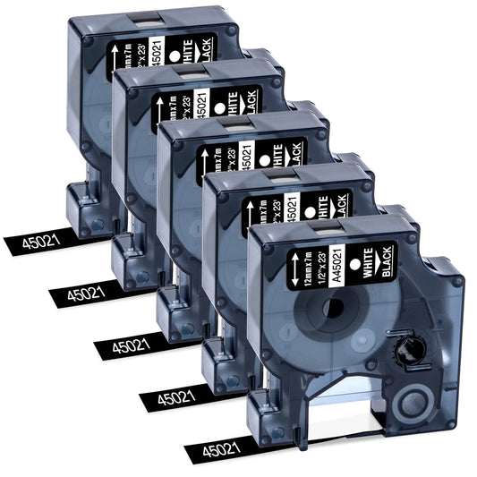 5X Compatible for Dymo D1 Label Tape 45021 S0720610 12mm x 7m, White on Black Self-Adhesive Labels, Compatible for Dymo LabelManager Label Printers 160 210D 260D 280 LabelPoint 200 250