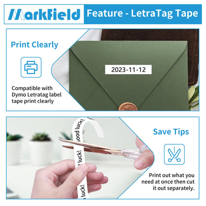 3x MarkField Kompatibel mit Dymo LetraTag XR Etikettenband | Kompatible für Dymo LetraTag Plastic Schriftband | Kompatibel für Dymo LetraTag 100H LT-100T 200B | Schwarz auf Weiß | 12 mm x 4 m