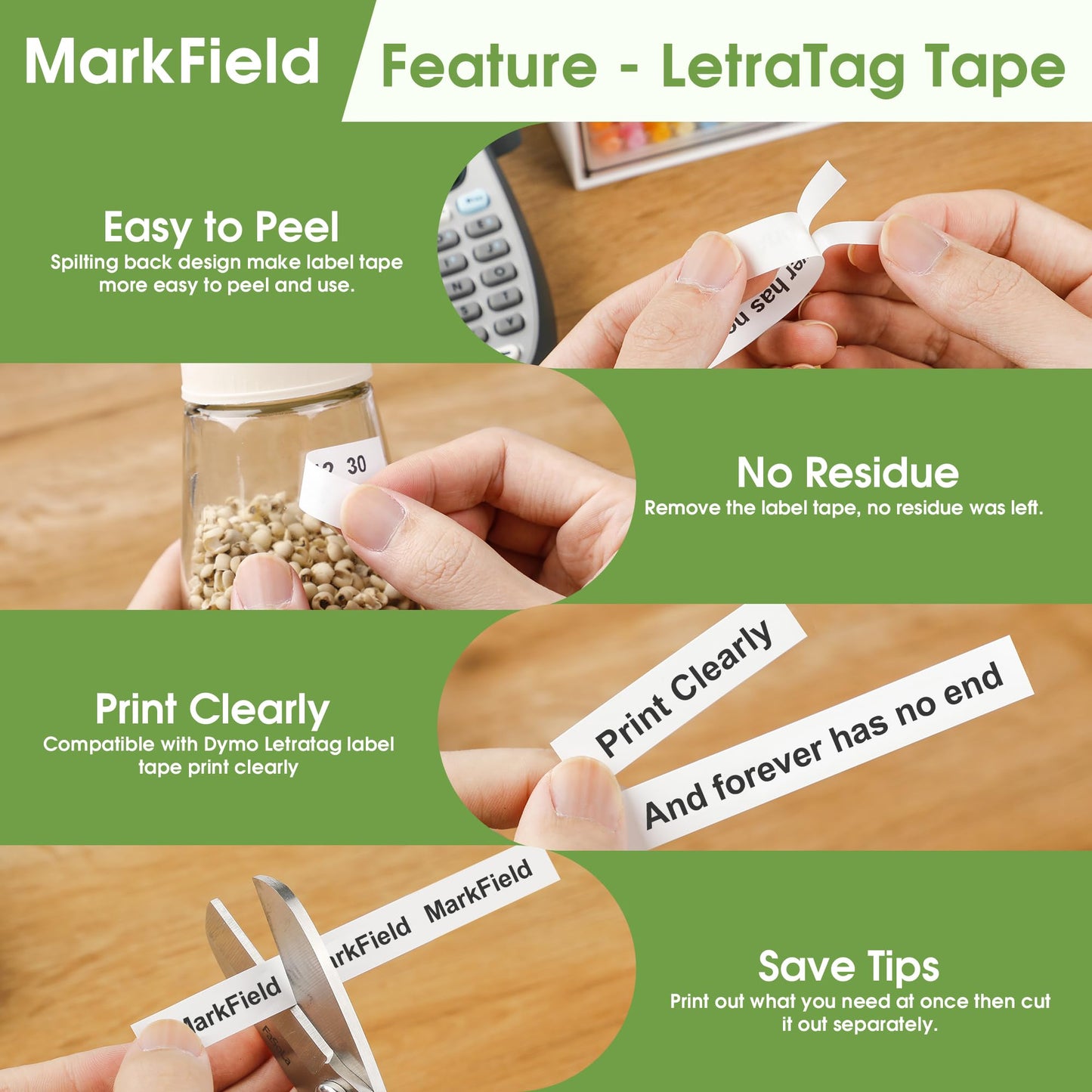 10x MarkField Kompatible für Dymo Letratag Papier Etikettenband 12mm x 4m, Kompatible mit Dymo Letratag Paper White Letra Tag Band 10697 Etiketten für Letratag LT-100H LT-100T 200B, Schwarz auf Weiß