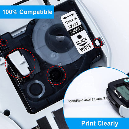 MarkField kompatible Etikettenband als Ersatz für Dymo D1 45013 S0720530 Schriftband 12mm für Label Manager 160 210D 280 420P 360D 500TS PnP, LabelWriter 450 Duo, schwarz auf weiß