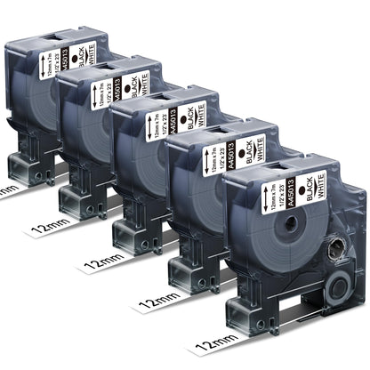 5X MarkField Compatible for Dymo D1 Label Tape 12mm x 7m, Compatible for Dymo Label Tape D1 12mm, Compatible for Dymo LabelManager 160 210D 280 360D 420P 450D, Black on White