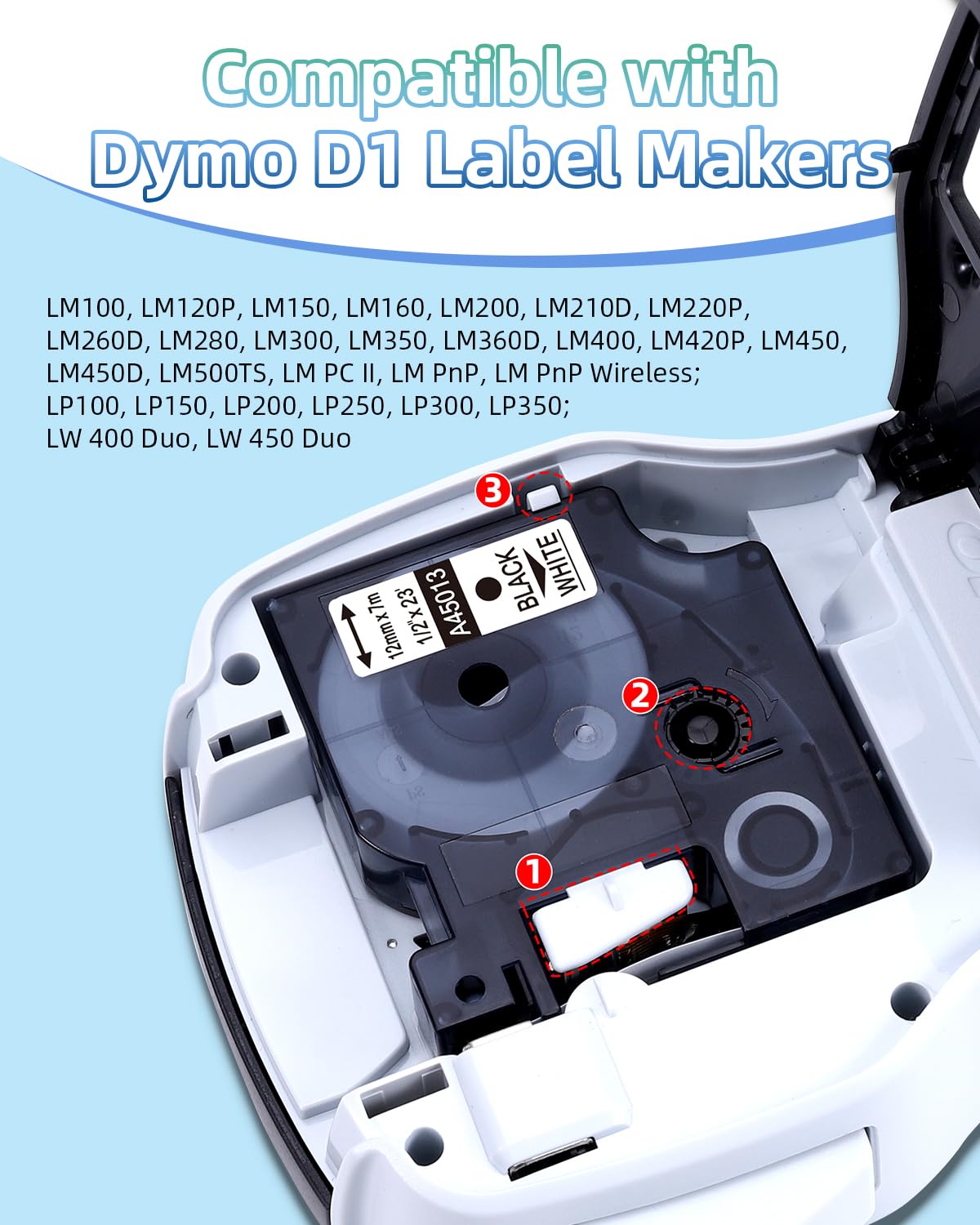 MarkField 6x Cintas de Etiquetas Compatible con Dymo D1 45010 45013 45016 45017 45018 45019 12mm para LabelManager 160 280 400 420P PnP LabelWriter 450 Duo LabelPoint 150 250