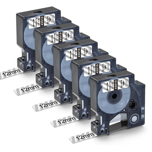5X MarkField Compatible 45010 Labels Tape Replacement for Dymo D1 Tapes 12mm x 7m S0720500 Cassete for LabelManager 160 280 220P 360D LabelPoint 100 150 350, LW 450 Duo, Black on Transparent