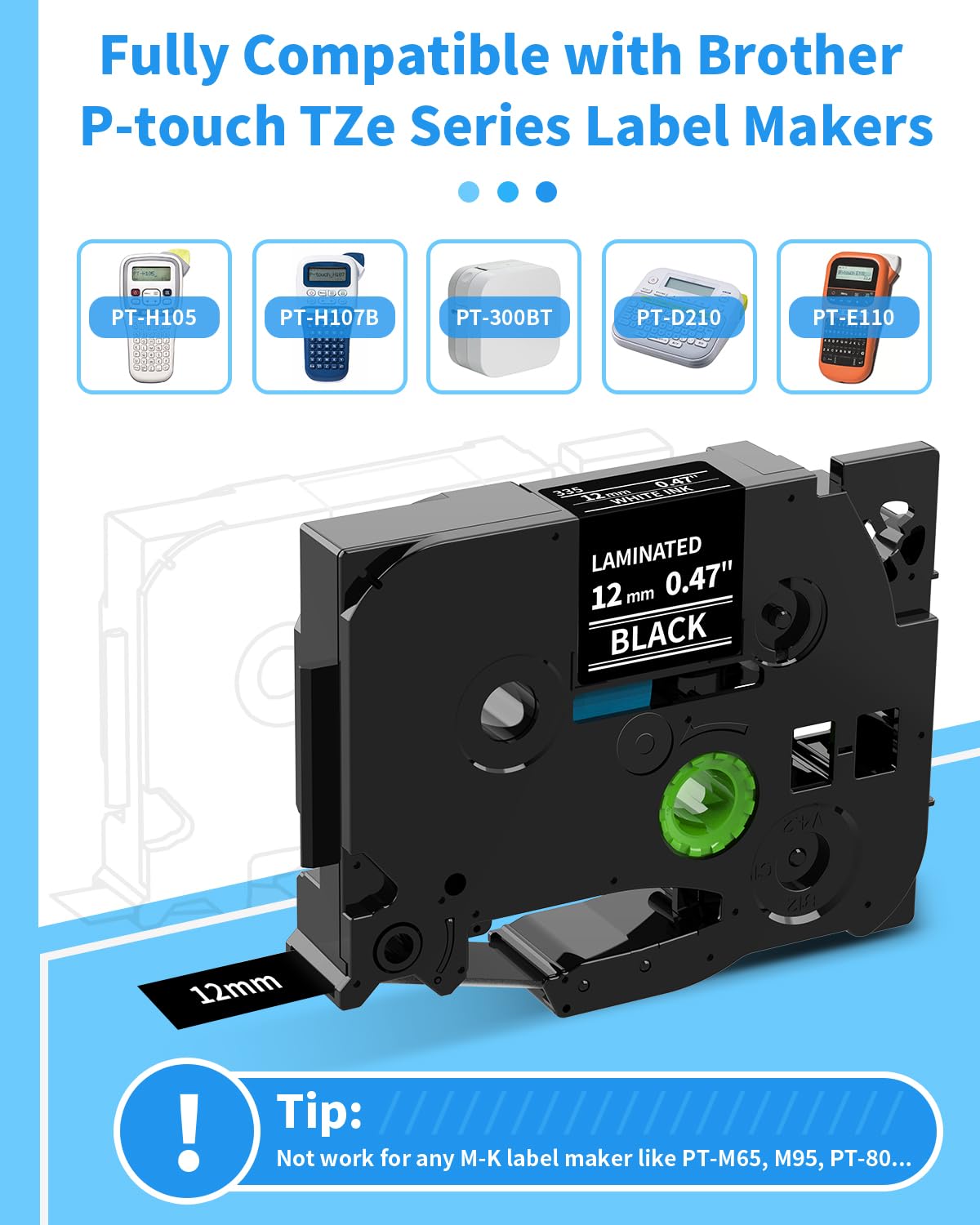 MarkField Compatible Laminated Label Tape Replacement for Brother P Touch TZ TZe-335 for PT-P300BT P300 Cube D210VP H107B H105 H107 H101C H100LB/R 1005 1250 E110 White on Black 12mm x 8m 3 Pack