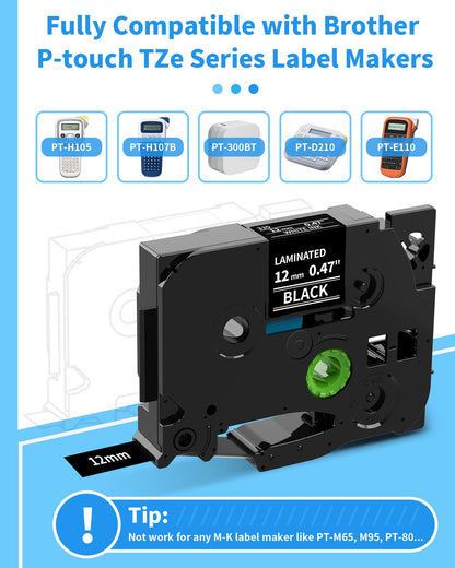 MarkField Compatible Laminated Label Tape Replacement for Brother P Touch TZ TZe-335 for PT-P300BT P300 Cube D210VP H107B H105 H107 H101C H100LB/R 1005 1250 E110 White on Black 12mm x 8m 3 Pack