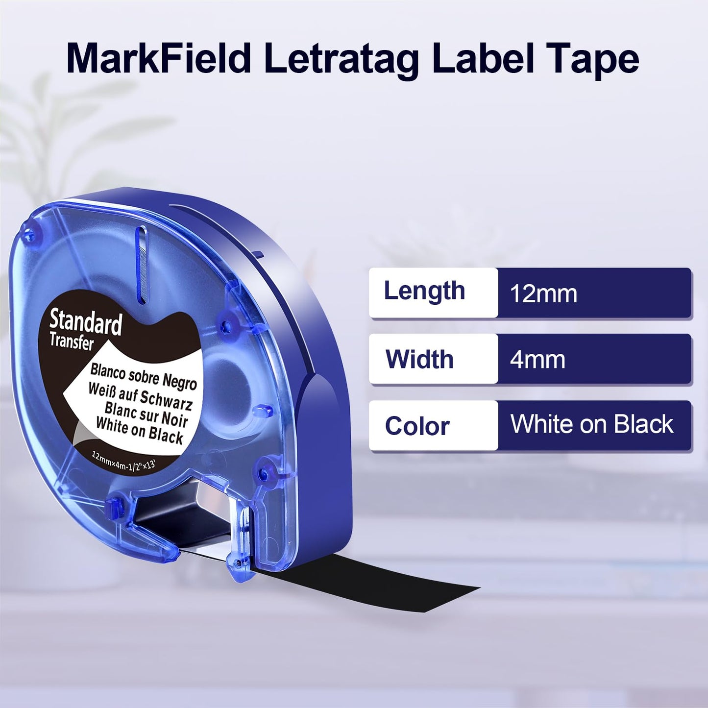 6x MarkField Kompatible Dymo Letratag Schwarz Etikettenband 12mm x 4m, Kompatible Dymo LetraTag Schriftbänder White on Black für LetraTag 200B LT-110T LT-100T Plus XR XM, Weiß auf Schwarz