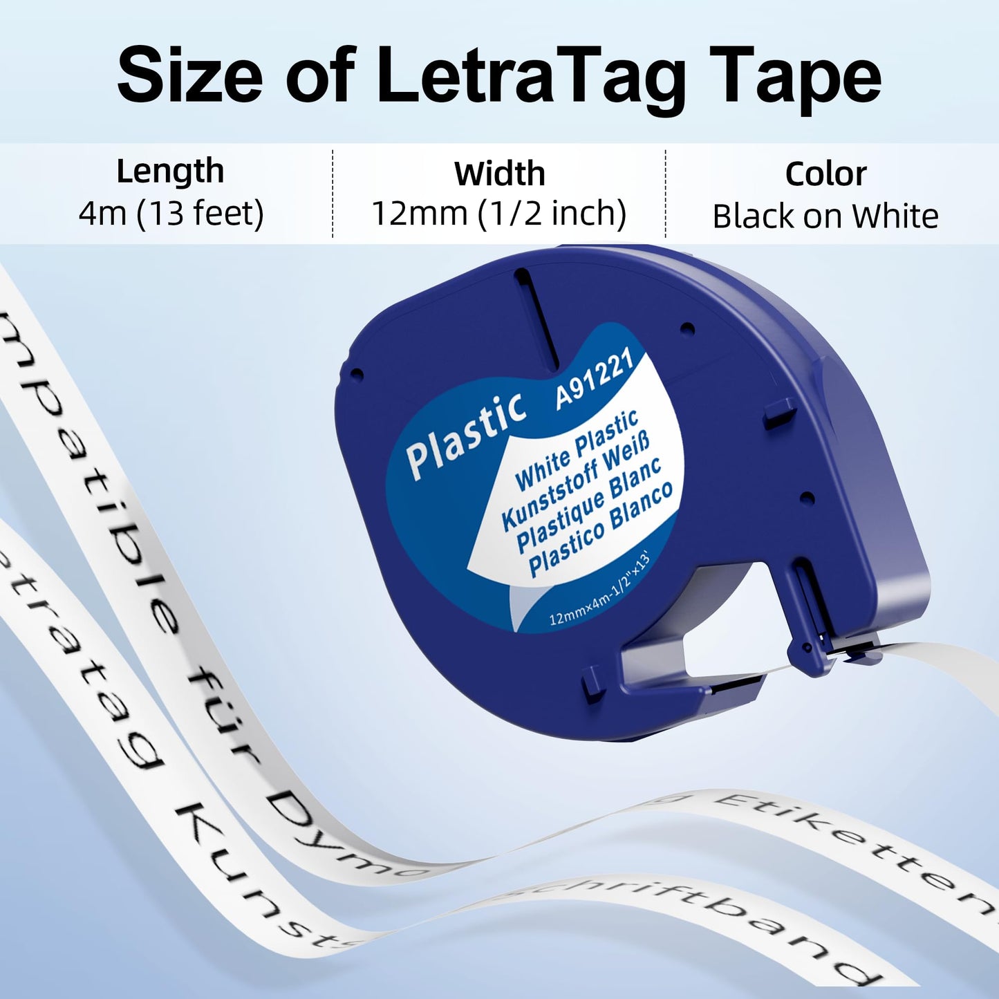 8x Kompatible für Dymo Letratag XR Etikettenband 12mm x 4m Letra Tag Plastic White Bänder Kunststoff Schriftband, Compatible für Dymo Letra Tag LT-100H LT-100T XR XM 200B, Schwarz auf Weiß Band