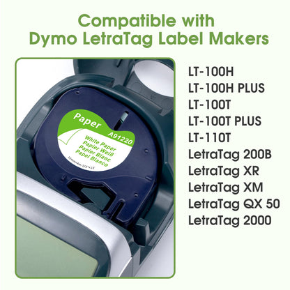 Nastro per Etichette Ricarica MarkField Compatibile In sostituzione di Dymo LetraTag Carta Nastri Etichette per LT-110T LT-100H, Nero su Bianco (Compatibile per Dymo Letratag Paper White)