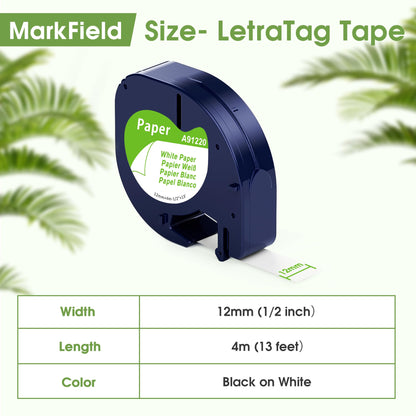 MarkField Kompatible für Dymo Letratag Papier Bänder 12mm x 4m Etikettenband 91220 S0721510 Schwarz auf Weiß Etiketten für LT-100H LT-100T XR XM 200B, (Letratag White Paper Tape)