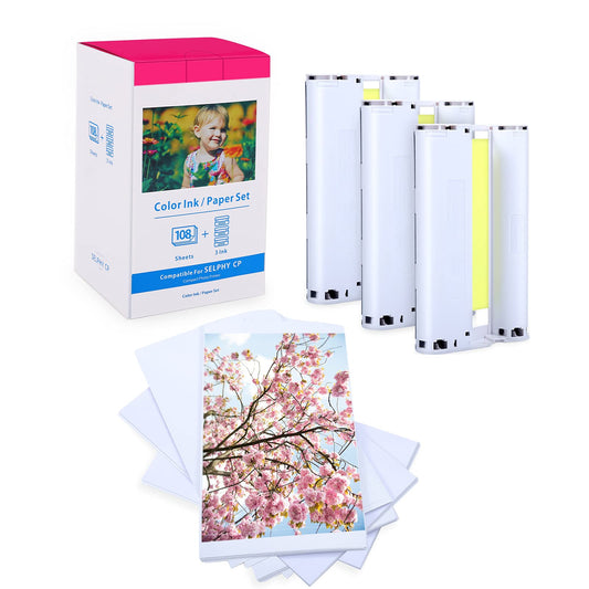 Reemplazo Canon CP1500 CP1300 KP-108IN 3115B001 (AA) Papel y Tinta, Compatible con Canon Selphy CP1500 CP1300 CP1200 CP1000 CP910 CP820, 3 cartuchos y 108 Papel fotográfico 10 x 15(148 x 100mm)