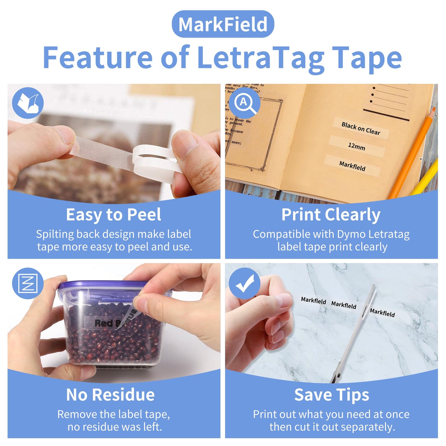 MarkField kompatibel für Dymo Etikettenband Letratag Clear 12mmx4m, kompatibel für Dymo Letra Tag Transparent Bänder Durchsichtig Plastic Band 16951 S0721550 für LetraTag LT-100H LT100T XR XM