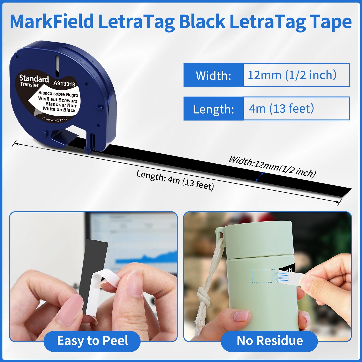 MarkField kompatible mit Dymo Letratag Etikettenband Schwarz Etiketten, Weiß auf Schwarz Schriftbänder 12 mm x 4m, kompatible für Dymo Letratag XR LT-100H LT-100H Plus Etikettendrucker