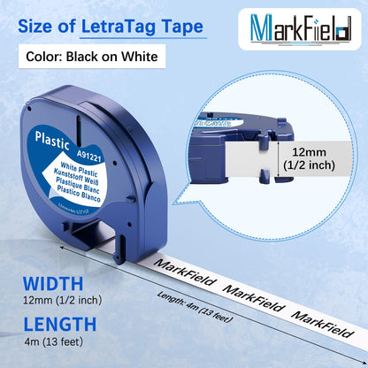 MarkField Kompatible Etikettenband als Ersatz für Dymo Letratag Kunststoff Schriftband 91221 12mm x 4m für LT-100H LT-100T XR XM 2000 Plus, Schwarz auf Weiß (Letratag Plastic White Label)