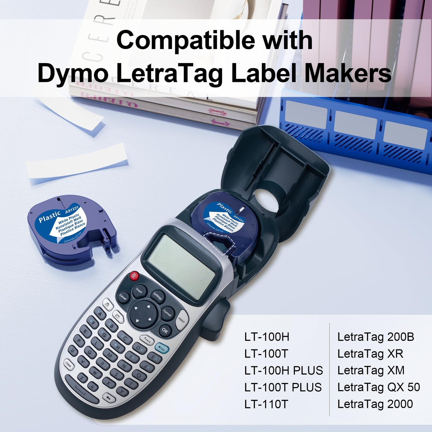 12X Nastri per Etichette MarkField Compatibile In Sostituzione di Dymo LetraTag Plastica Etichette 12mm x 4m White Plastic Nastro, Compatibile per Dymo Letratag LT-110T LT-100H 2000 Plus QX 50 XR XM