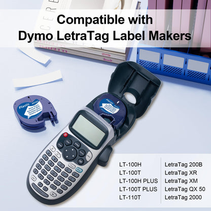 12X Nastri per Etichette MarkField Compatibile In Sostituzione di Dymo LetraTag Plastica Etichette 12mm x 4m White Plastic Nastro, Compatibile per Dymo Letratag LT-110T LT-100H 2000 Plus QX 50 XR XM