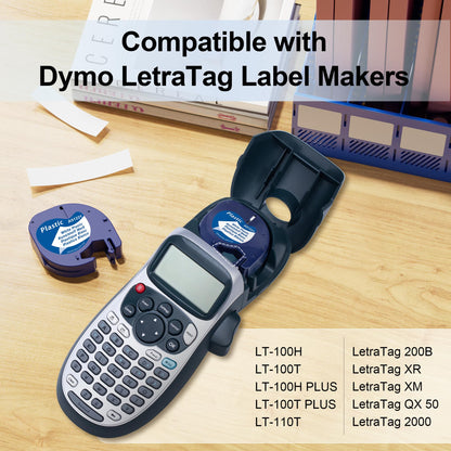 8x Kompatible für Dymo Letratag XR Etikettenband 12mm x 4m Letra Tag Plastic White Bänder Kunststoff Schriftband, Compatible für Dymo Letra Tag LT-100H LT-100T XR XM 200B, Schwarz auf Weiß Band