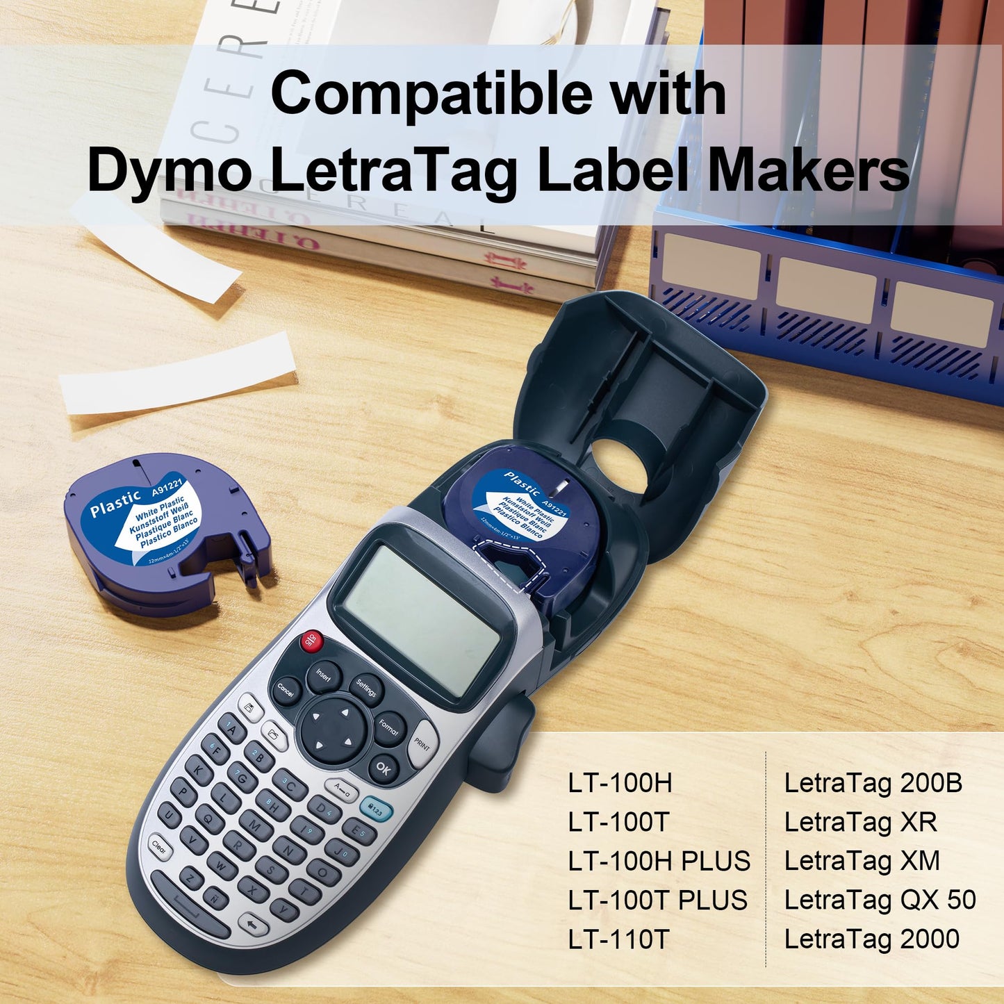 MarkField Plastica Nastro per Etichette Compatibile per Dymo LetraTag White Label Nastri 12mm x 4m, Cartucce Ricarica per Letratag 2000 LT-100H LT-100T LT-110T XR, Nero su Bianco