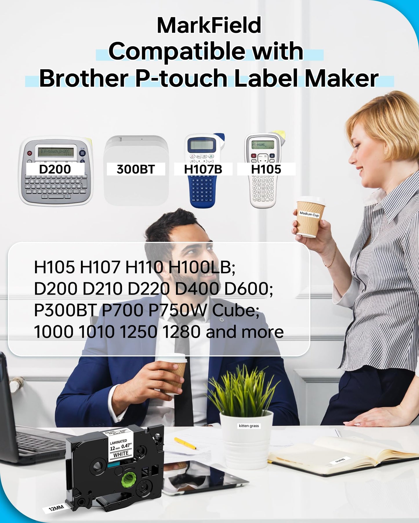 5x MarkField Kompatible Laminiert Schriftband als Ersatz für Brother P-Touch TZ TZe-231 Bänder für PT-H105 H107 H107B H108 H110 H200 H101TB P300BT Cube D210 D400, Schwarz auf Weiß 12mm x 8m